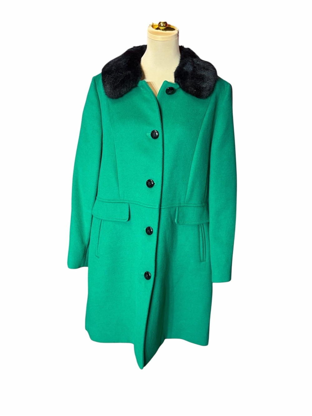 Talbots Emerald Green Wool Coat with Black Faux Fur Collar